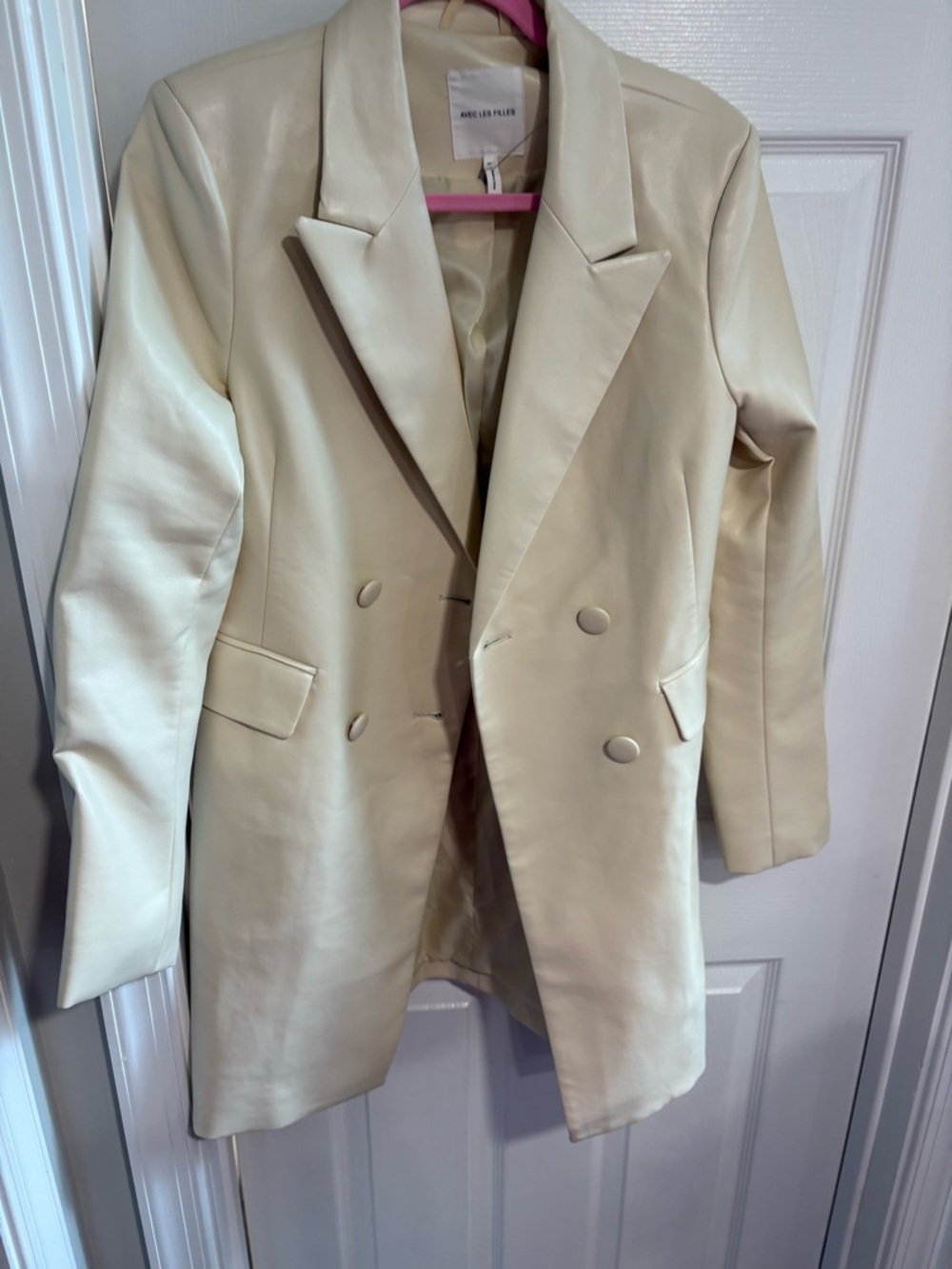 Avec Les Filles Cream Double-Breasted Faux Leather Blazer